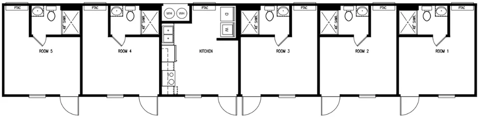 Floor plan of the 16×76 5-bed crew unit with shared kitchen