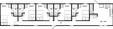 Floor plan of the 16×76 HUD-code 5-bed unit with shared kitchen