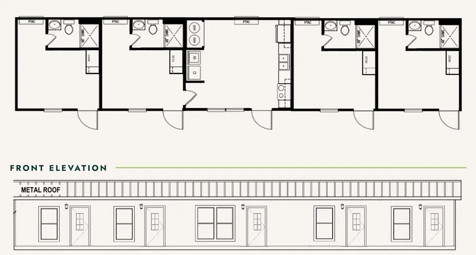 Floor plan of a 16×76 crew unit with four private rooms around a shared kitchen and laundry