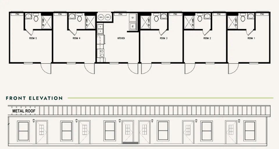 Floor plan of a 16×76 crew unit with five private rooms and baths around a shared kitchen