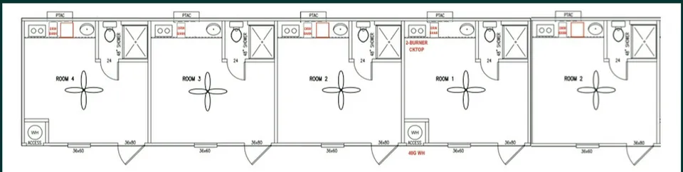 Floor plan of a 16×76 five-room crew unit with a kitchen, alternate layout