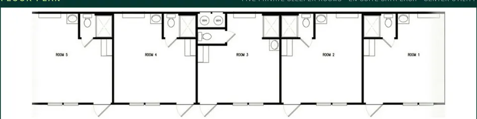 Floor plan of a 16×76 sleeper unit with five private rooms and baths, no kitchen