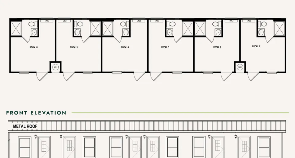 Floor plan of a 16×76 crew unit with six private rooms and six baths