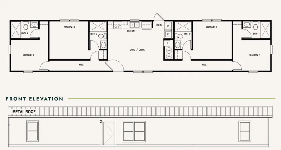 Floor plan of a HUD-code 16×76 home with four bedrooms, four baths, and a central kitchen and living area