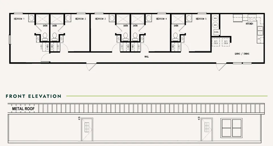 Floor plan of a HUD-code 16×76 home with five bedrooms and five baths